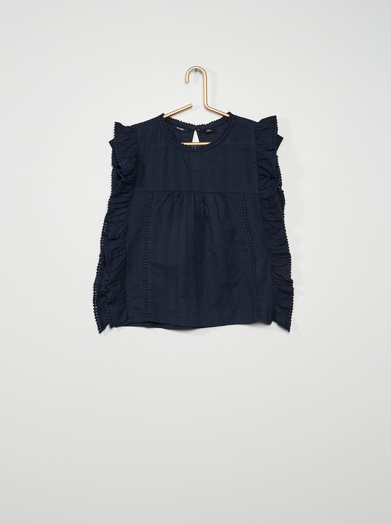 Blusa de algodão com folhos Azul Marinho - Kiabi