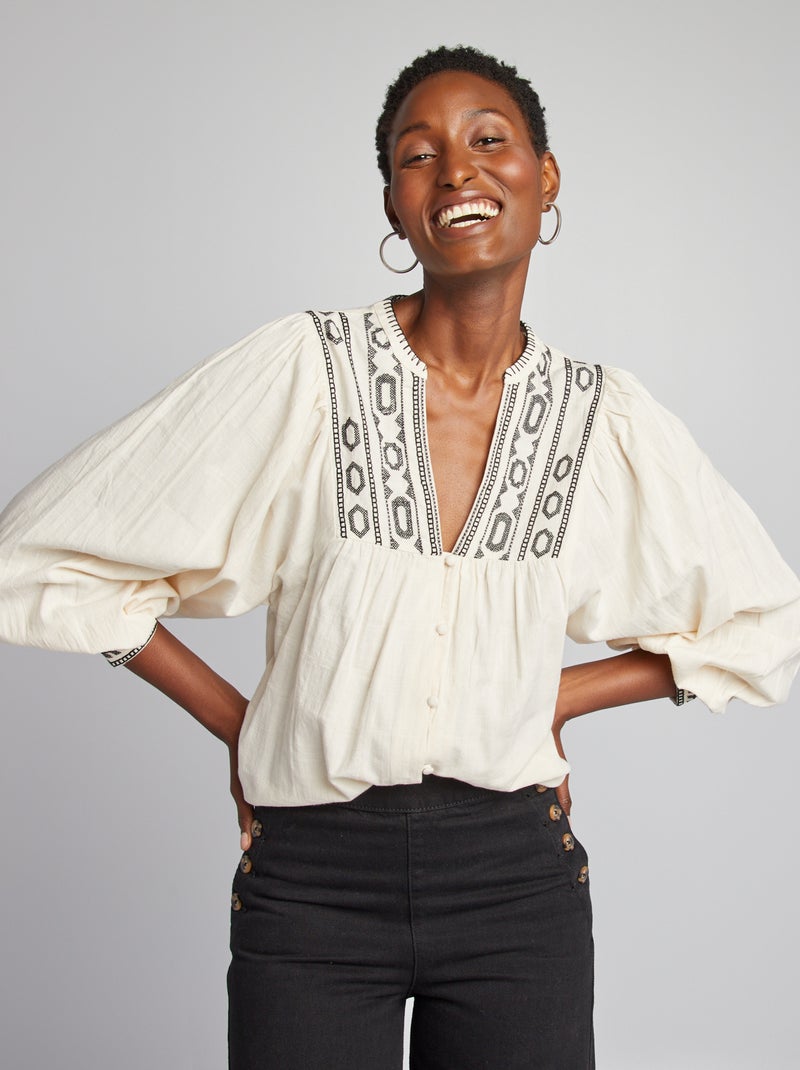 Blusa de algodão com pormenores pespontados BEGE - Kiabi