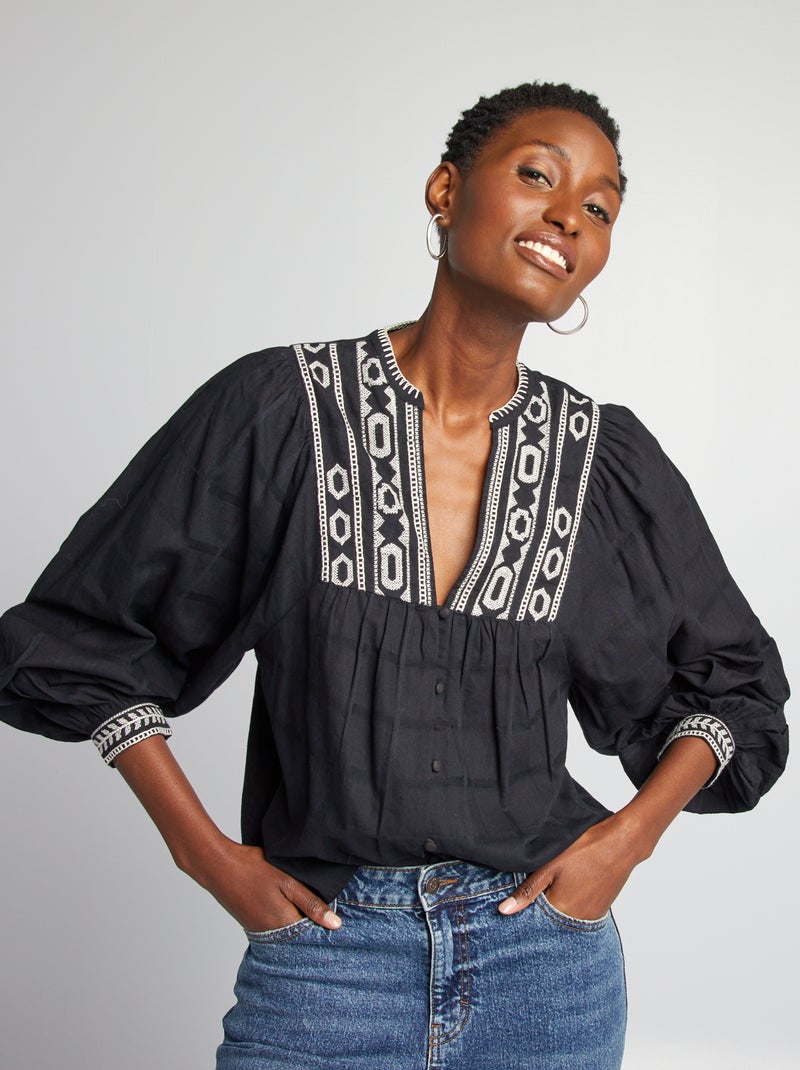 Blusa de algodão com pormenores pespontados Preto - Kiabi