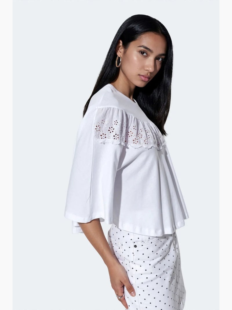 Blusa de algodão de corte relaxado com gola careca busem Branco - Kiabi