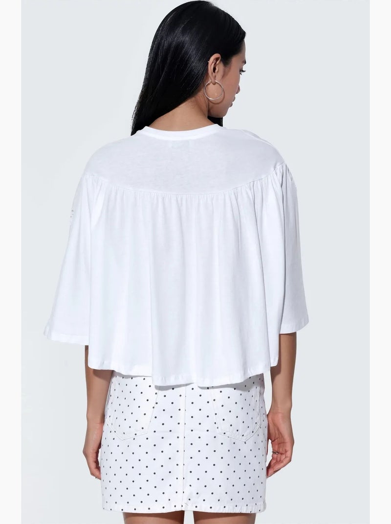 Blusa de algodão de corte relaxado com gola careca busem Branco - Kiabi
