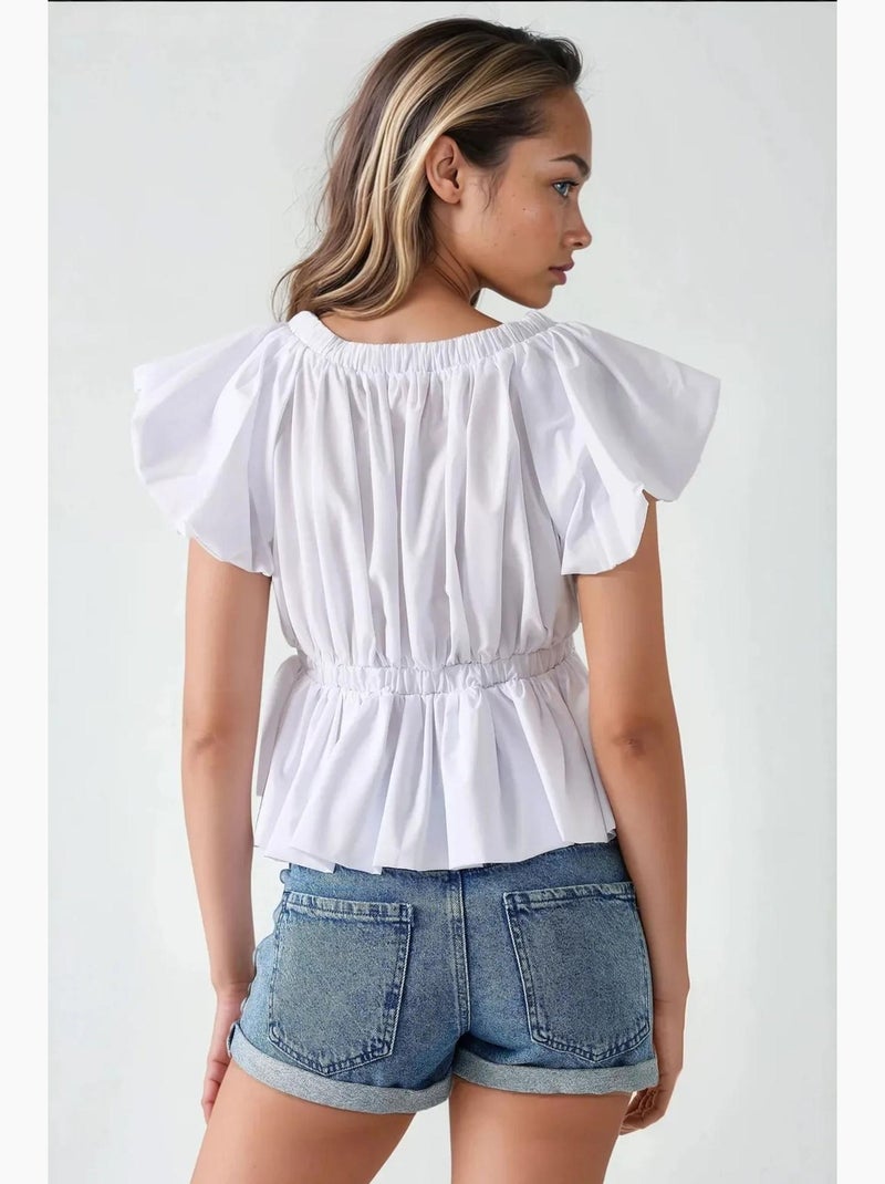 Blusa de algodão justa com detalhe de laço hiccup Branco - Kiabi