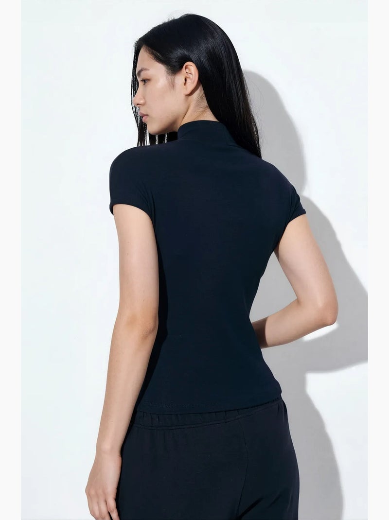 Blusa de algodão justa com meio gola alta busem Azul-marinho - Kiabi