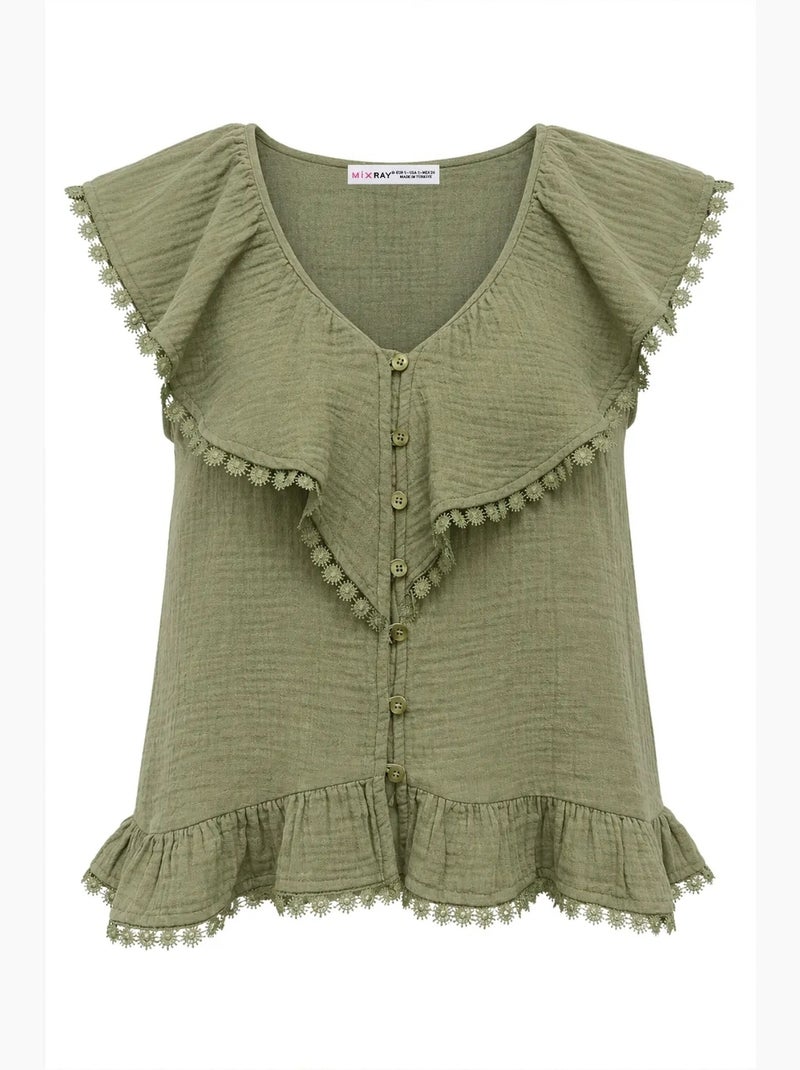 Blusa de algodão sem mangas com decote em v mixray Cáqui - Kiabi