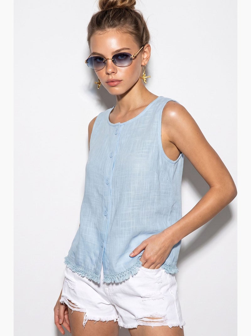 Blusa de algodão sem mangas com decote redondo lucci Azul-céu - Kiabi