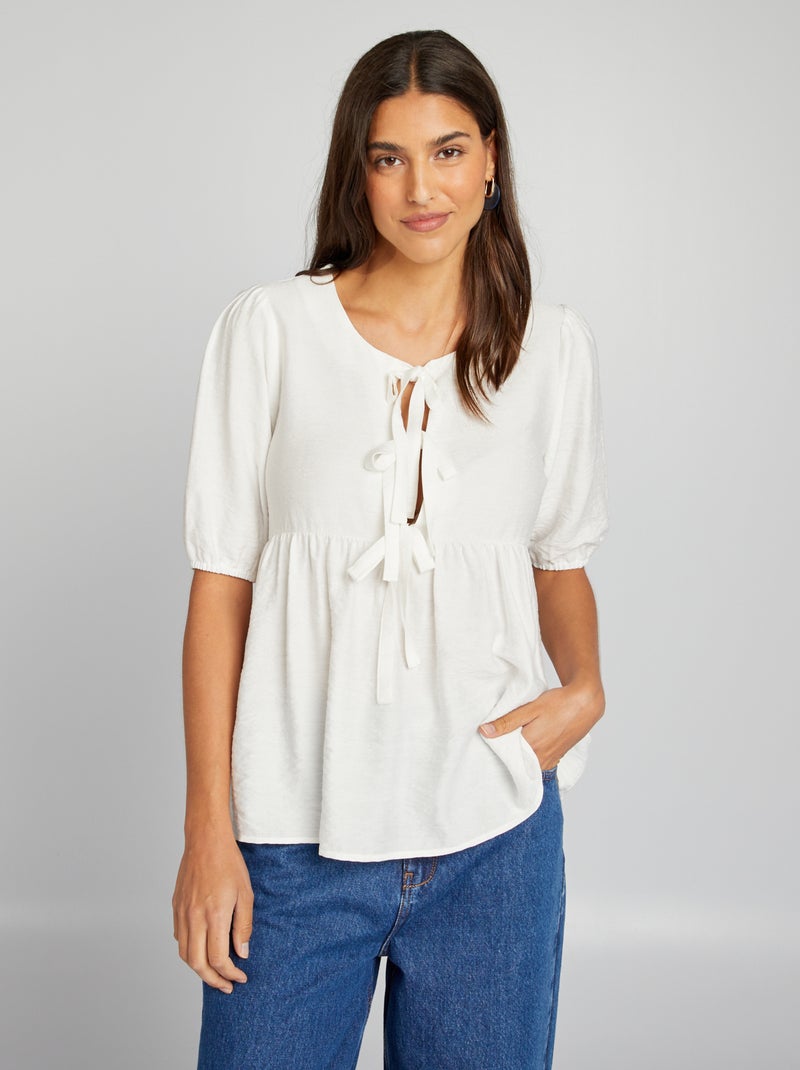 Blusa de balão curta com laços Branco - Kiabi