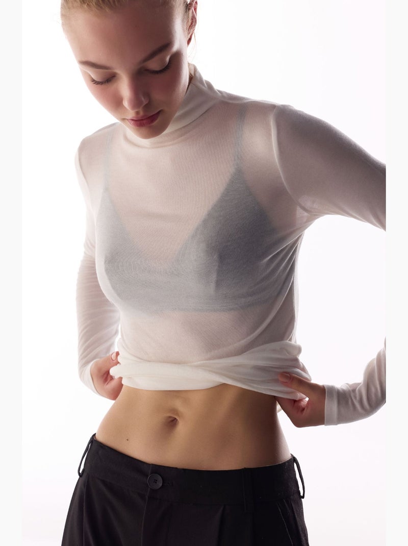 Blusa de caxemira com gola alta e manga comprida penti Branco - Kiabi