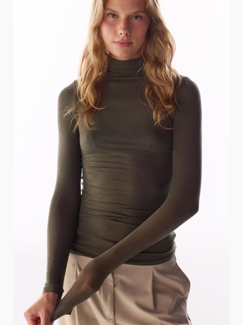 Blusa de caxemira com gola alta e manga comprida penti Verde cáqui - Kiabi