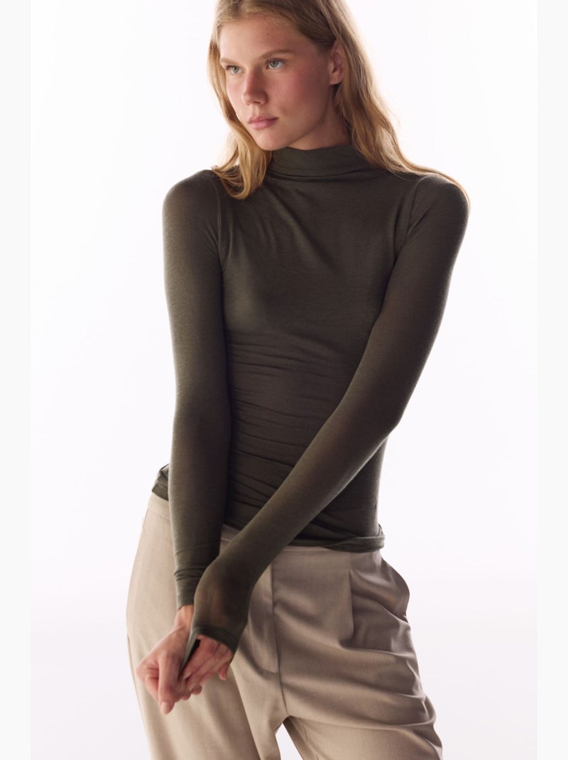 Blusa de caxemira com gola alta e manga comprida penti Verde cáqui - Kiabi