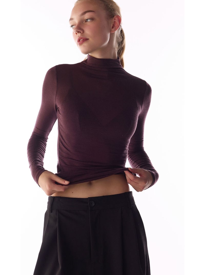 Blusa de caxemira com gola alta e manga comprida penti Vermelho bordô - Kiabi