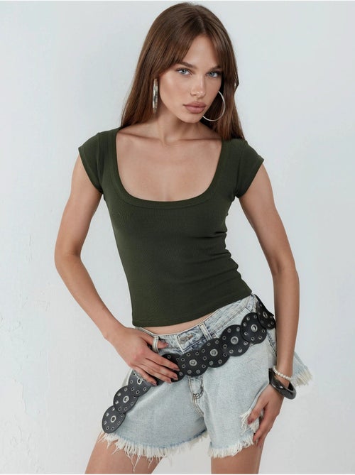 Blusa de corte justo canelada com decote em u busem - Kiabi