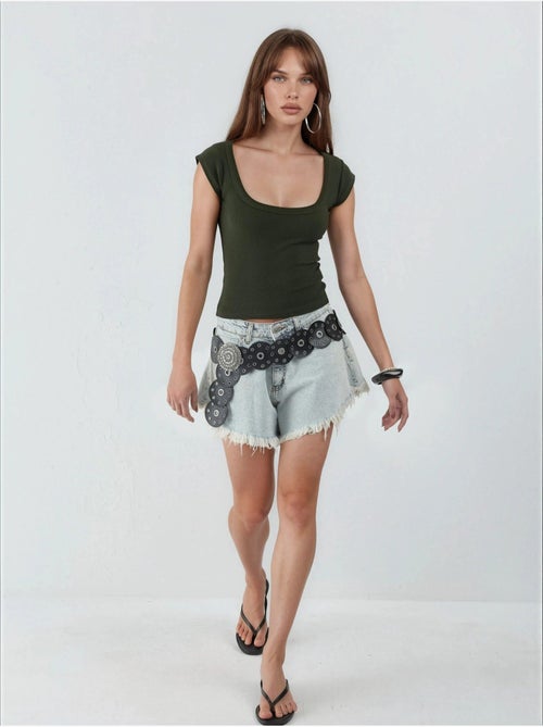 Blusa de corte justo canelada com decote em u busem - Kiabi