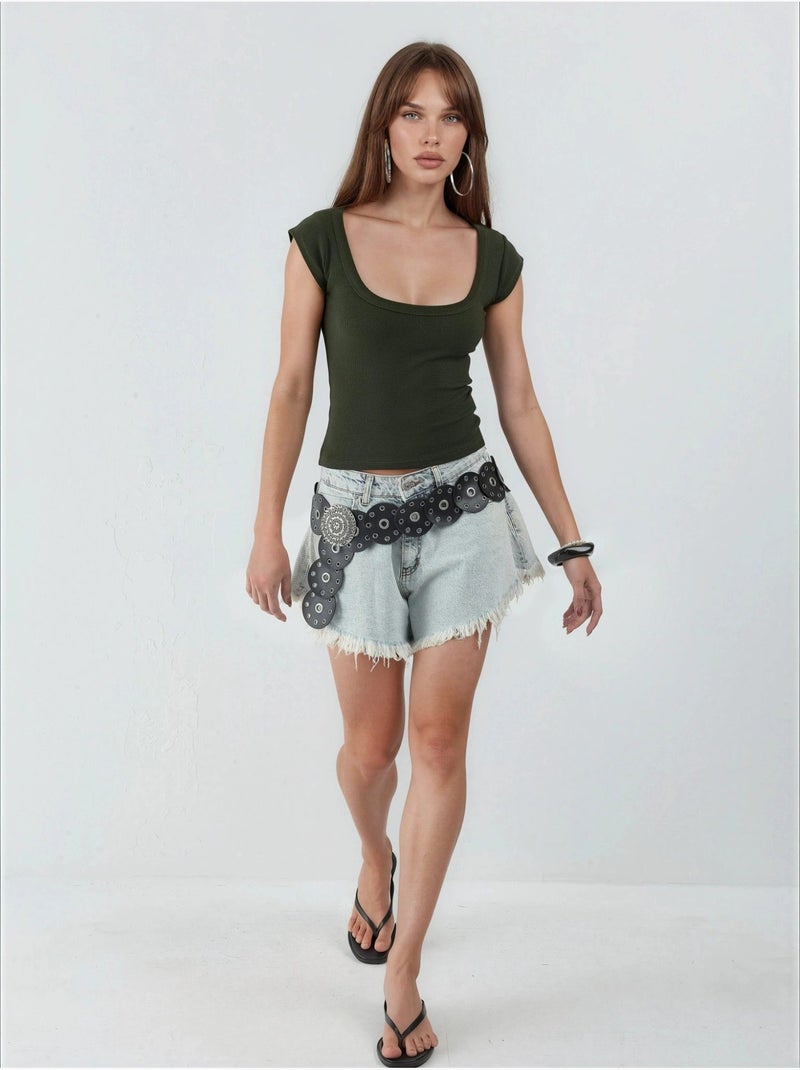 Blusa de corte justo canelada com decote em u busem Cáqui - Kiabi