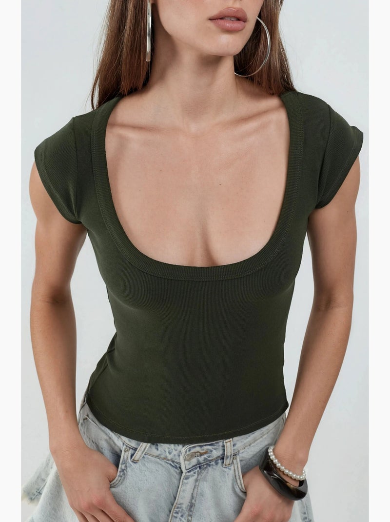 Blusa de corte justo canelada com decote em u busem Cáqui - Kiabi