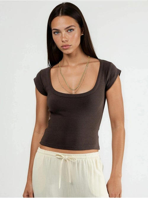 Blusa de corte justo canelada com decote em u busem - Kiabi