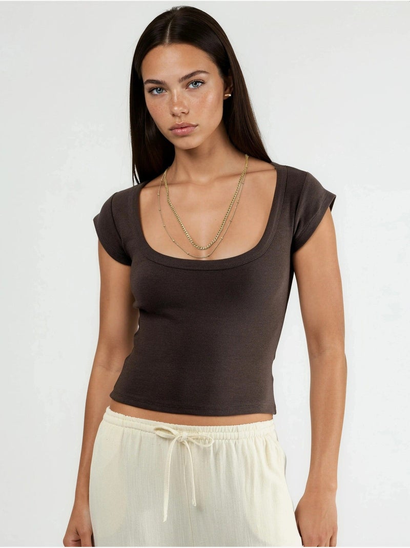 Blusa de corte justo canelada com decote em u busem Castanho-chocolate - Kiabi