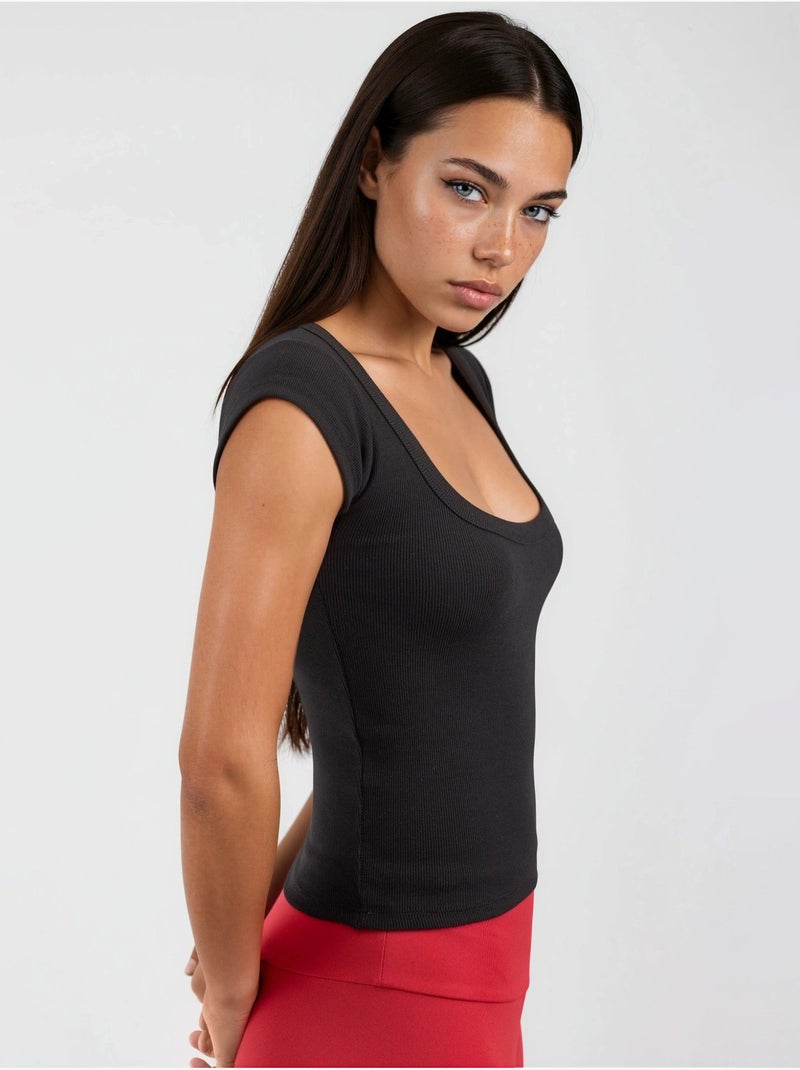 Blusa de corte justo canelada com decote em u busem Preto - Kiabi