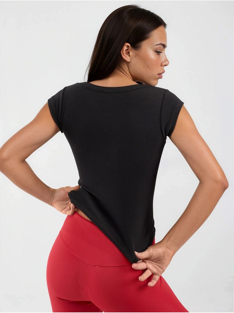 Blusa de corte justo canelada com decote em u busem Preto - Kiabi