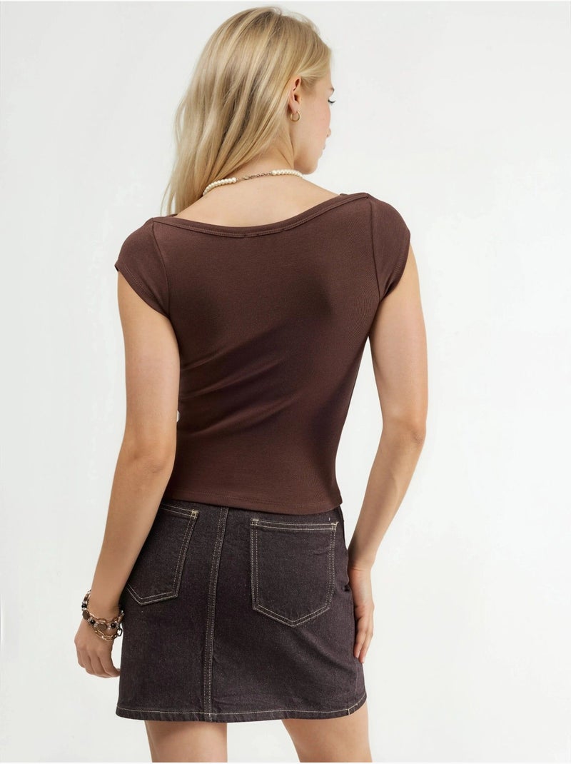 Blusa de corte justo com decote barco busem Castanho - Kiabi