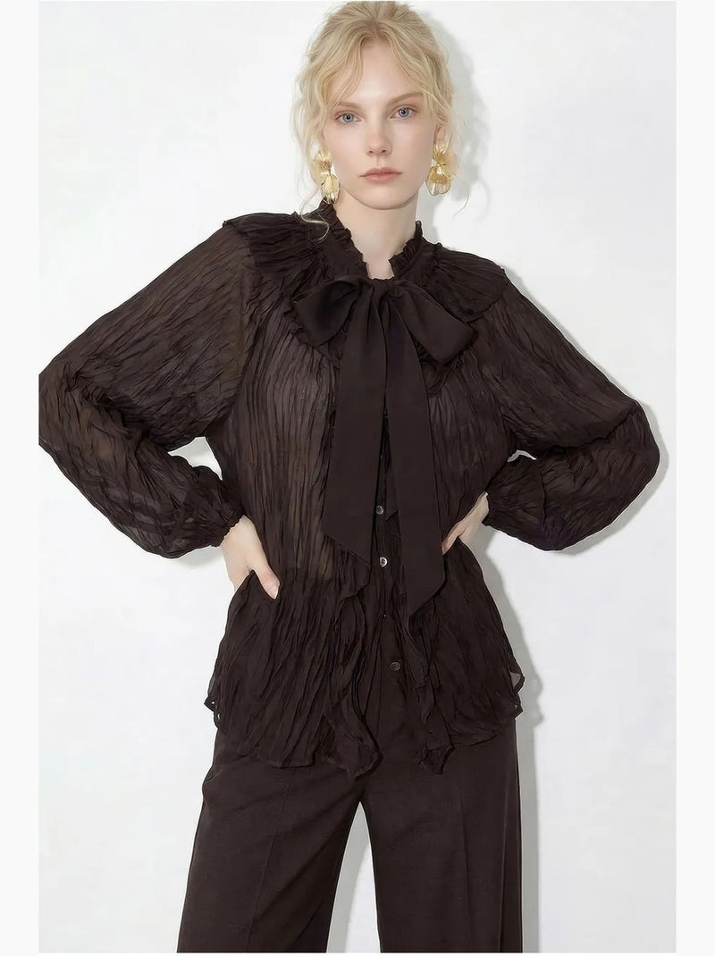 Blusa de crepe abotoada com detalhe de laço lucci Castanho-escuro - Kiabi
