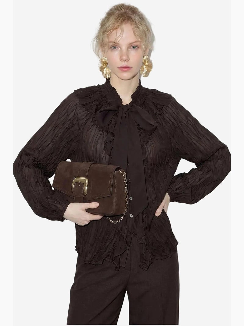 Blusa de crepe abotoada com detalhe de laço lucci Castanho-escuro - Kiabi