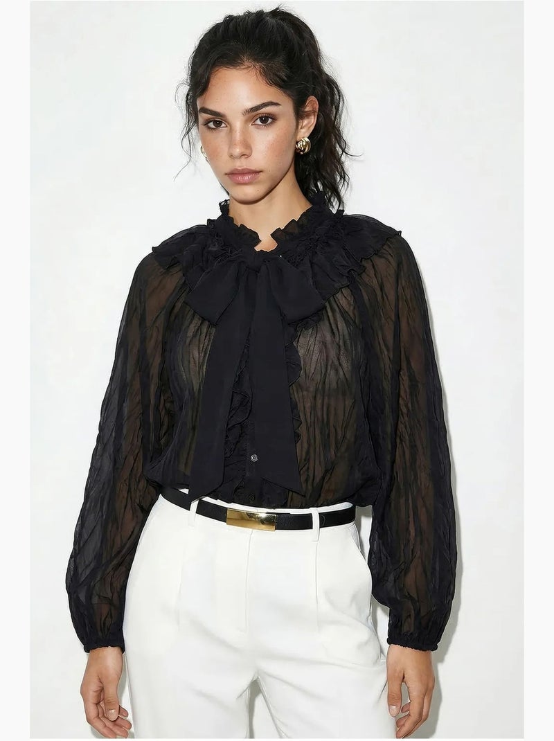 Blusa de crepe abotoada com detalhe de laço lucci Preto - Kiabi