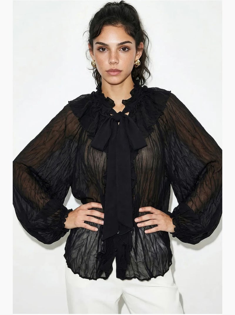 Blusa de crepe abotoada com detalhe de laço lucci Preto - Kiabi