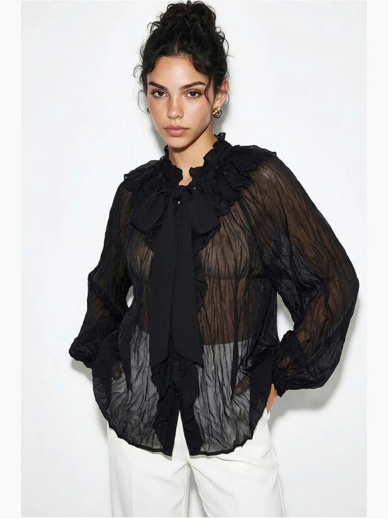 Blusa de crepe abotoada com detalhe de laço lucci Preto - Kiabi