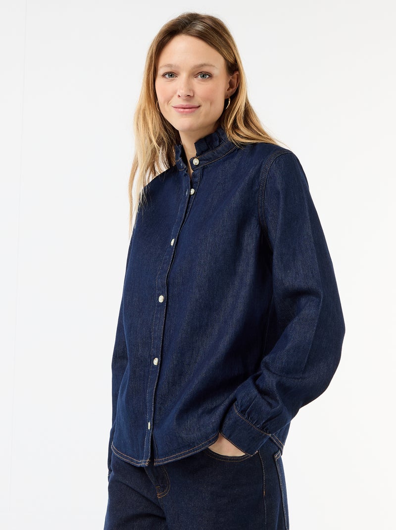 Blusa de ganga com gola com folhos Azul - Kiabi