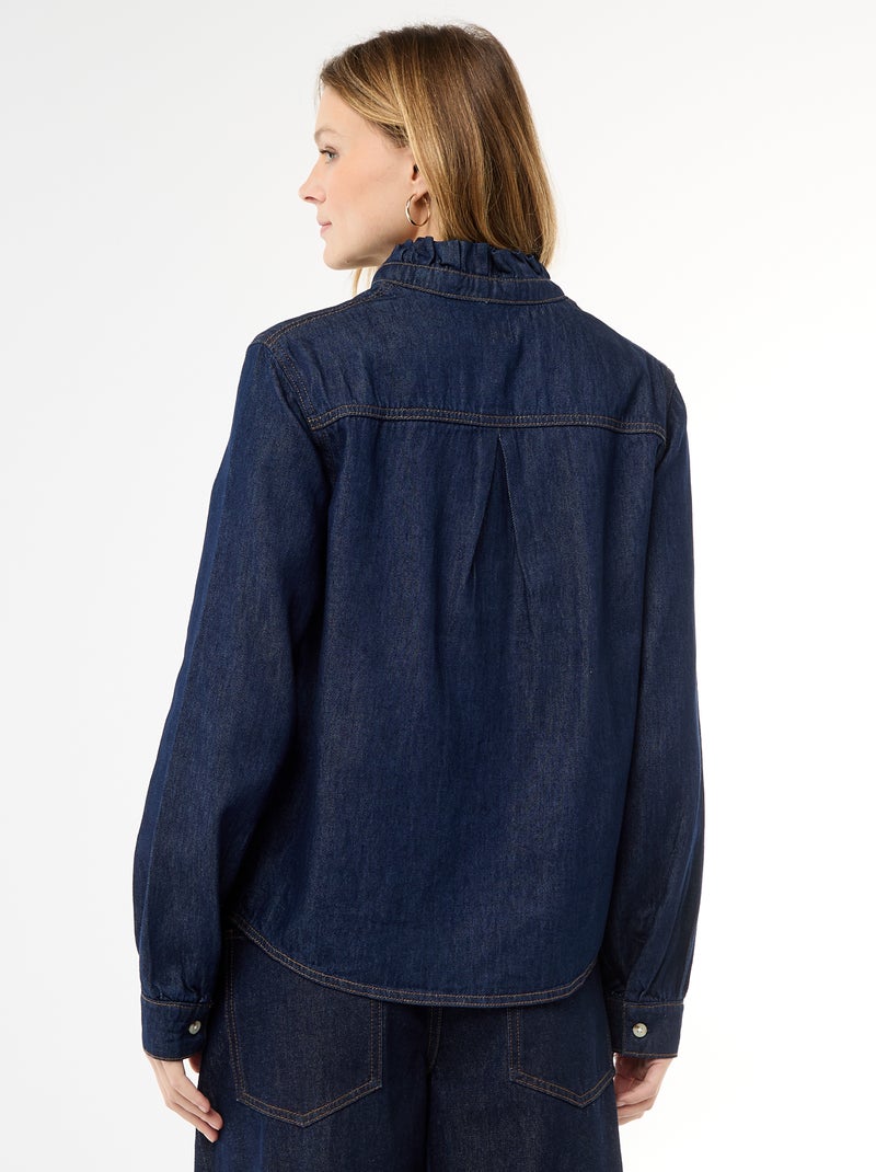 Blusa de ganga com gola com folhos Azul - Kiabi
