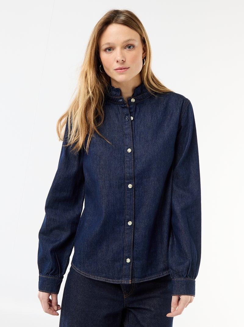 Blusa de ganga com gola com folhos Azul - Kiabi