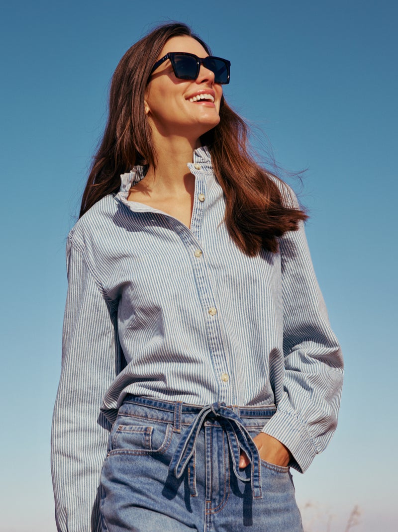 Blusa de ganga com gola com folhos Azul - Kiabi
