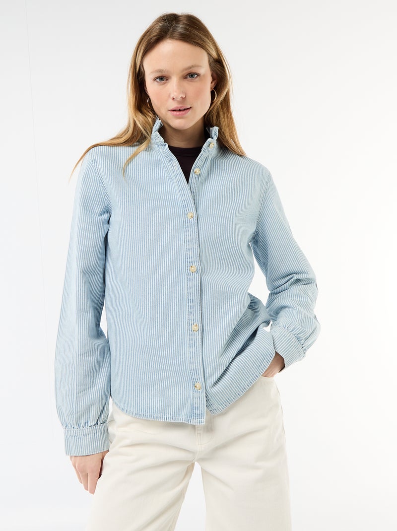 Blusa de ganga com gola com folhos Azul - Kiabi