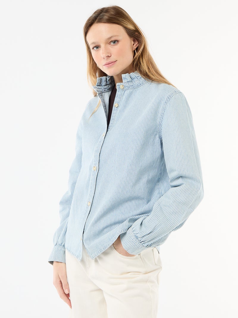 Blusa de ganga com gola com folhos Azul - Kiabi