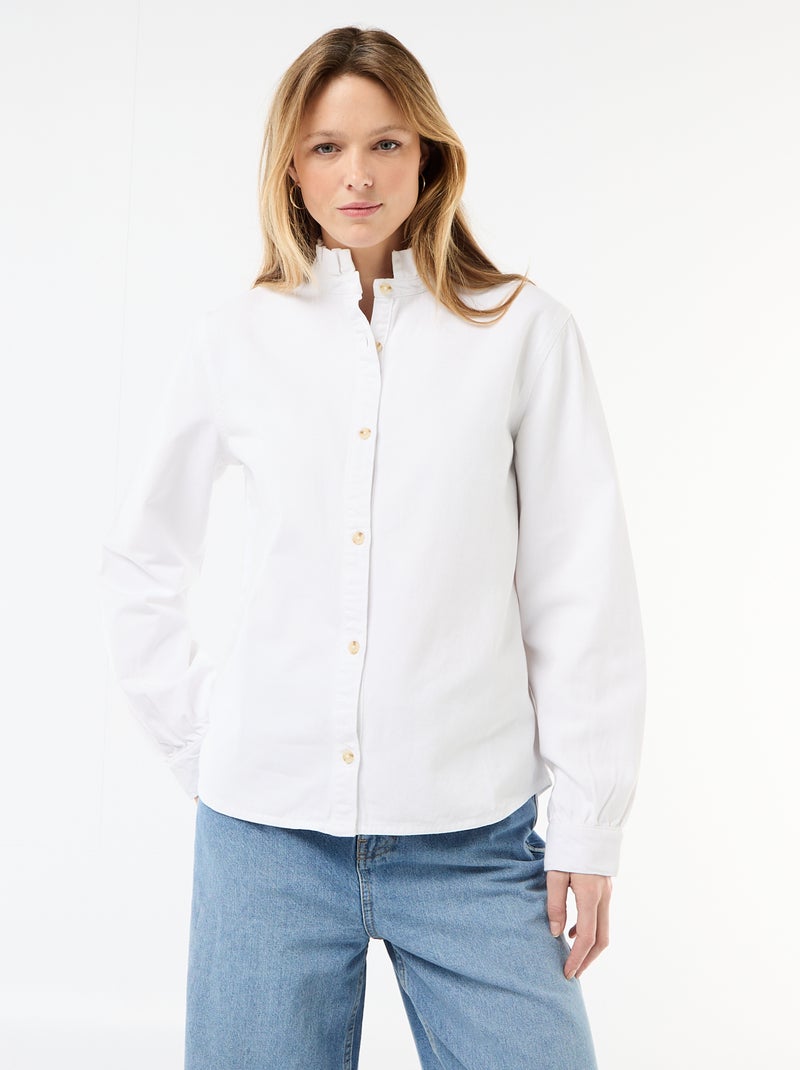 Blusa de ganga com gola com folhos Branco - Kiabi