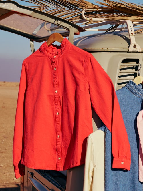 Blusa de ganga com gola com folhos - Kiabi