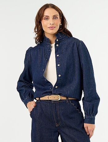 Blusa de ganga com gola de folhos