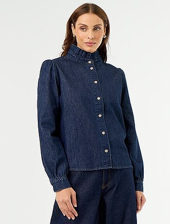 Blusa de ganga com gola de folhos