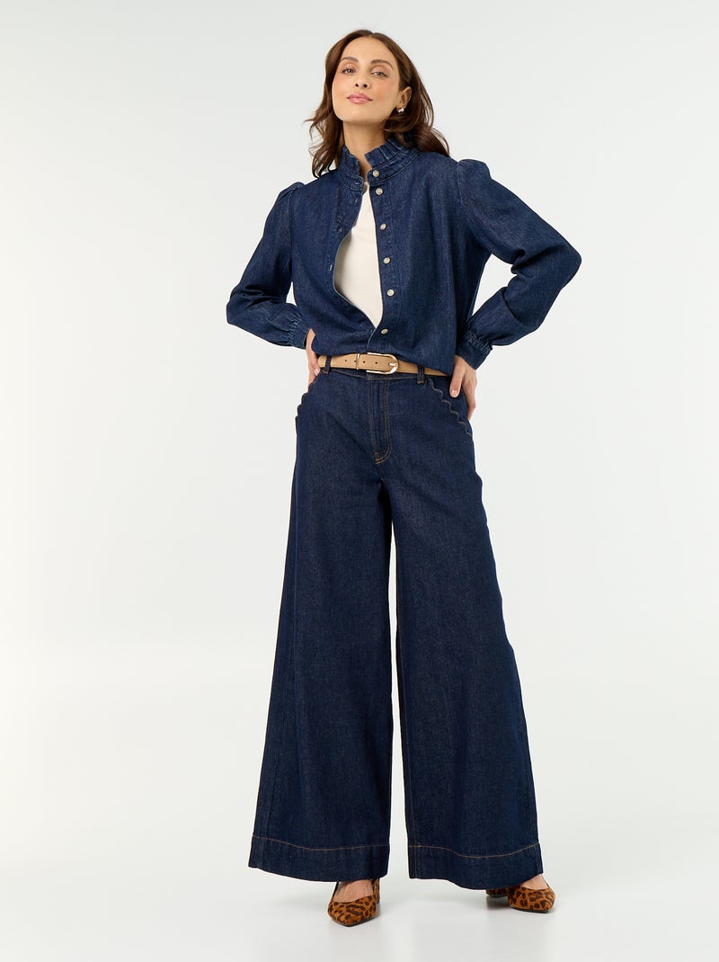 Blusa de ganga com gola de folhos Azul - Kiabi