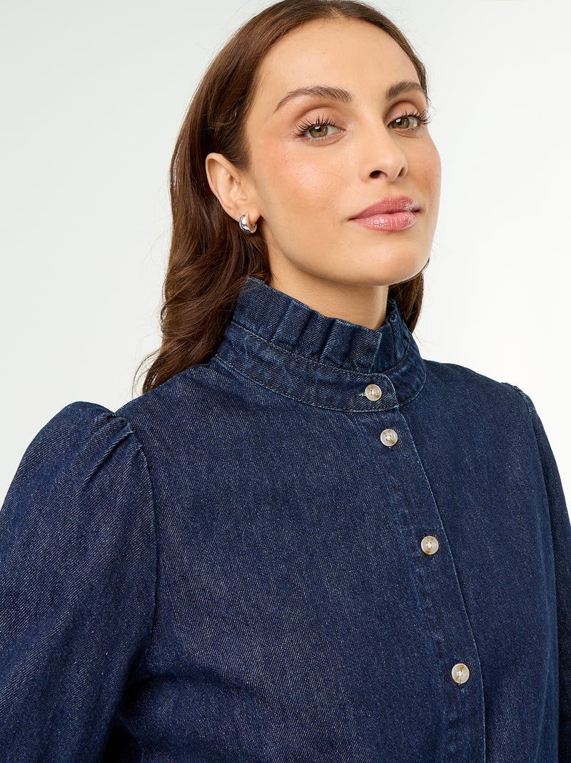 Blusa de ganga com gola de folhos Azul - Kiabi
