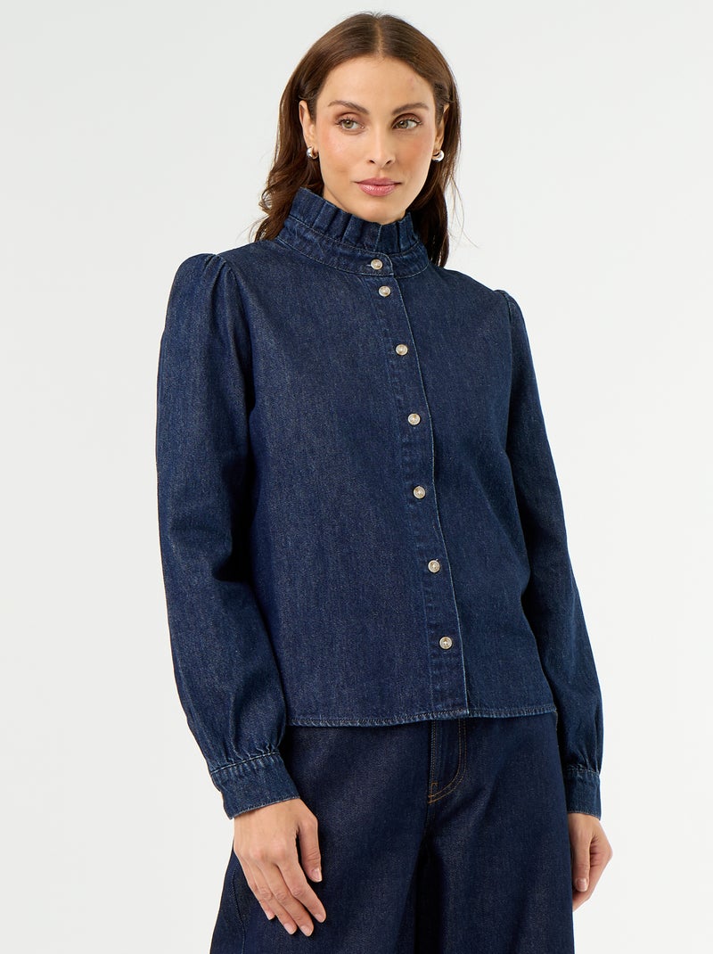 Blusa de ganga com gola de folhos Azul - Kiabi