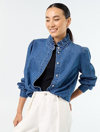 Blusa de ganga com gola de folhos