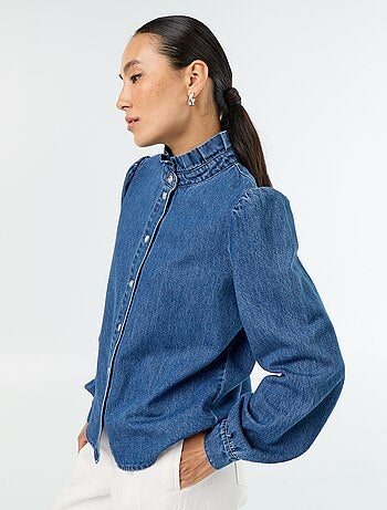 Blusa de ganga com gola de folhos