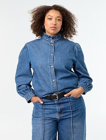 Blusa de ganga com gola subida com folhos