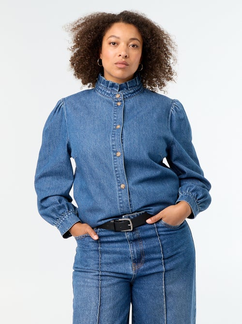 Blusa de ganga com gola subida com folhos - Kiabi Blusa de ganga com gola subida com folhos - Kiabi