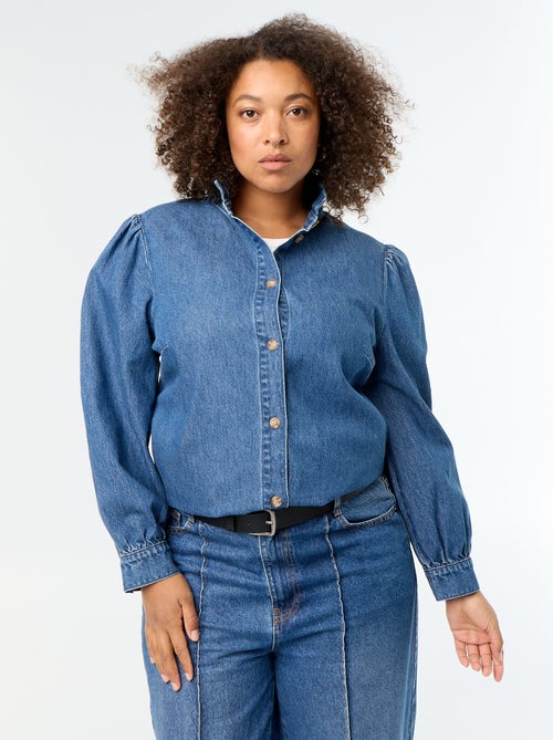 Blusa de ganga com gola subida com folhos - Kiabi Blusa de ganga com gola subida com folhos - Kiabi