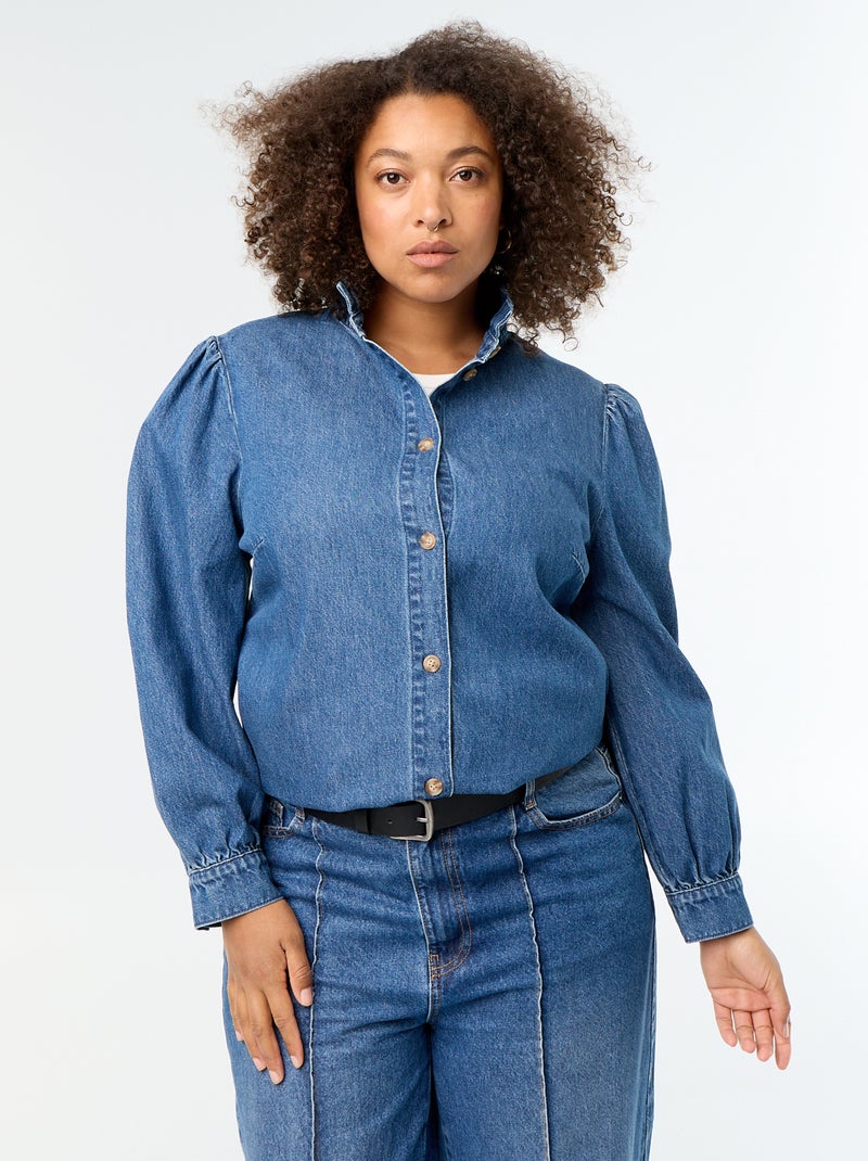 Blusa de ganga com gola subida com folhos Azul - Kiabi