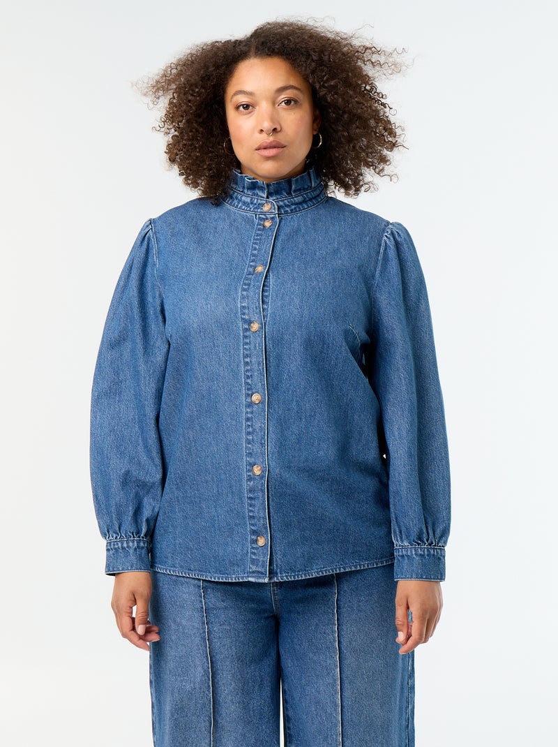 Blusa de ganga com gola subida com folhos Azul - Kiabi