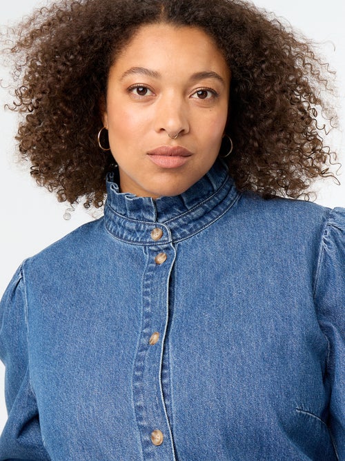 Blusa de ganga com gola subida com folhos - Kiabi Blusa de ganga com gola subida com folhos - Kiabi