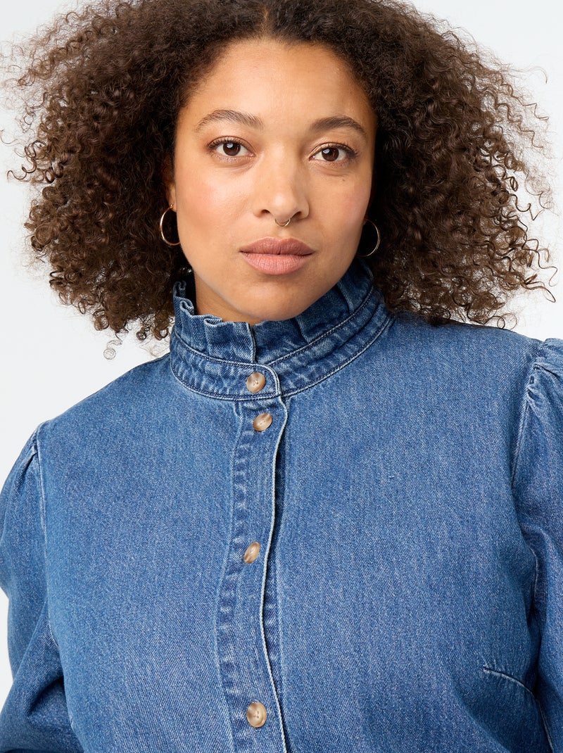 Blusa de ganga com gola subida com folhos Azul - Kiabi